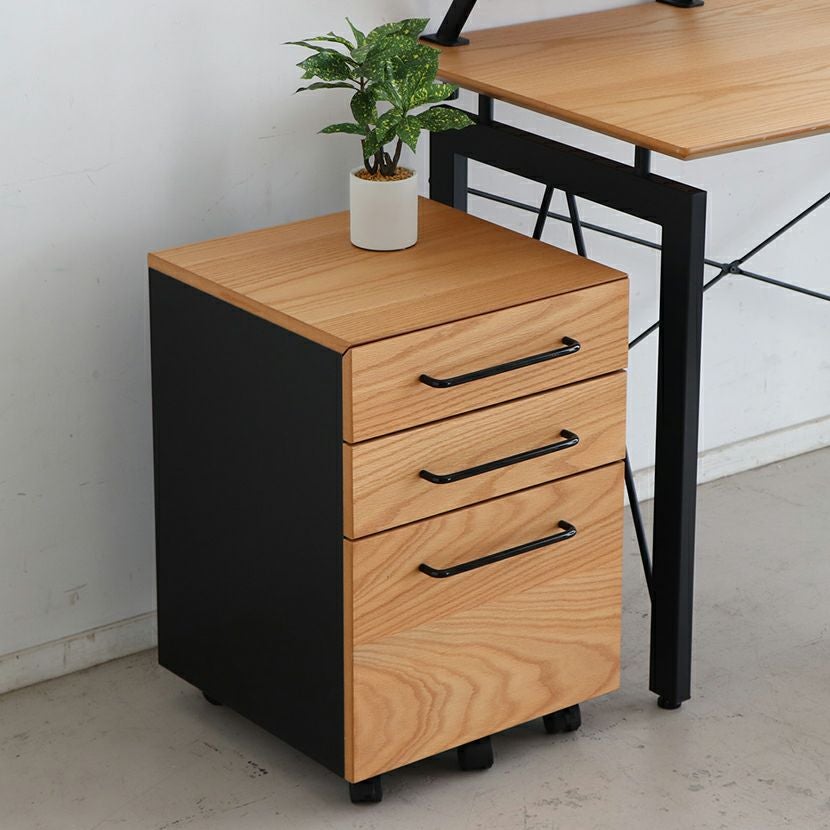 幅42cm 木目調 デスクワゴン 3段 ALシリーズ シリンダー錠 ワゴン 鍵