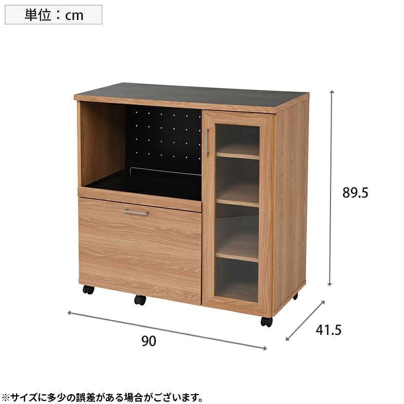 幅90cm 食器棚 Keittio ガラス扉 スライド棚 引出し付き キャスター