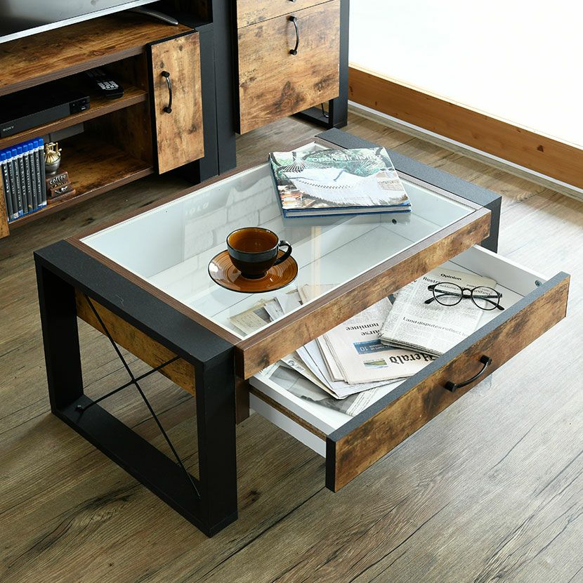 モダンセンターテーブル ガラス天板 ダークブラウン センターテーブル