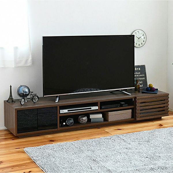 ダークブラウン テレビボード ガラスパネル付き テレビ台 リビングボード ロータイプ ガラス扉×フラップ扉 配線収納 幅