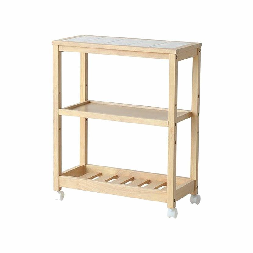 幅59cm スリムワゴン 3段 天然木 タイル キャスター付き 隙間 収納