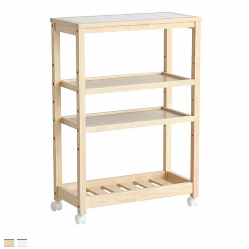 幅59cm スリムワゴン 4段 天然木 タイル キャスター付き 隙間 収納