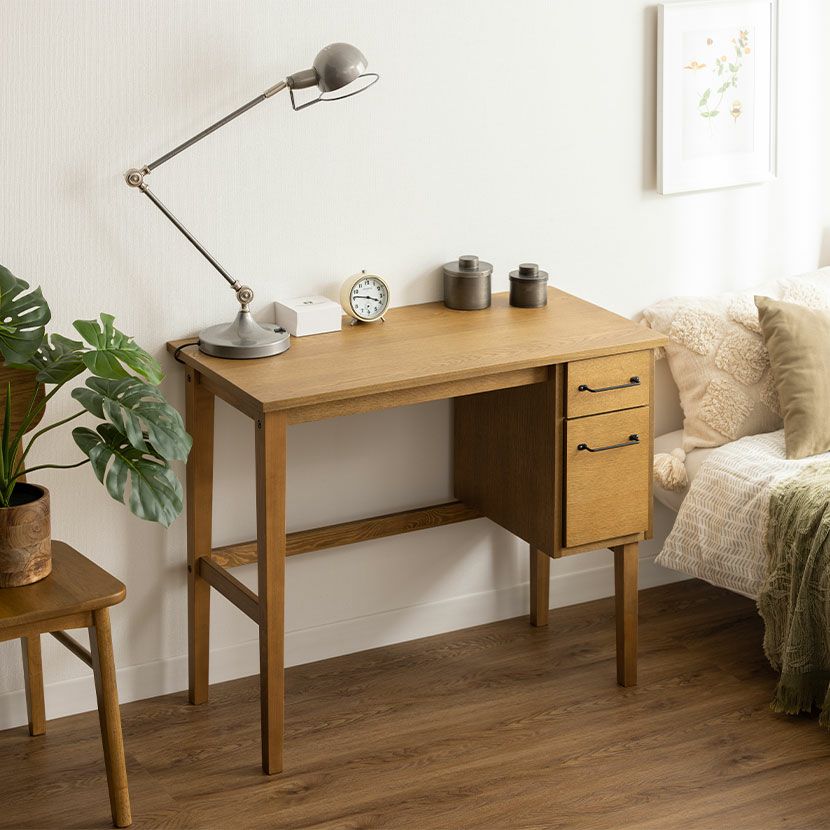 幅112cm 木製 デスク アンティーク風 天然木 ミンディ 引出し付き 収納