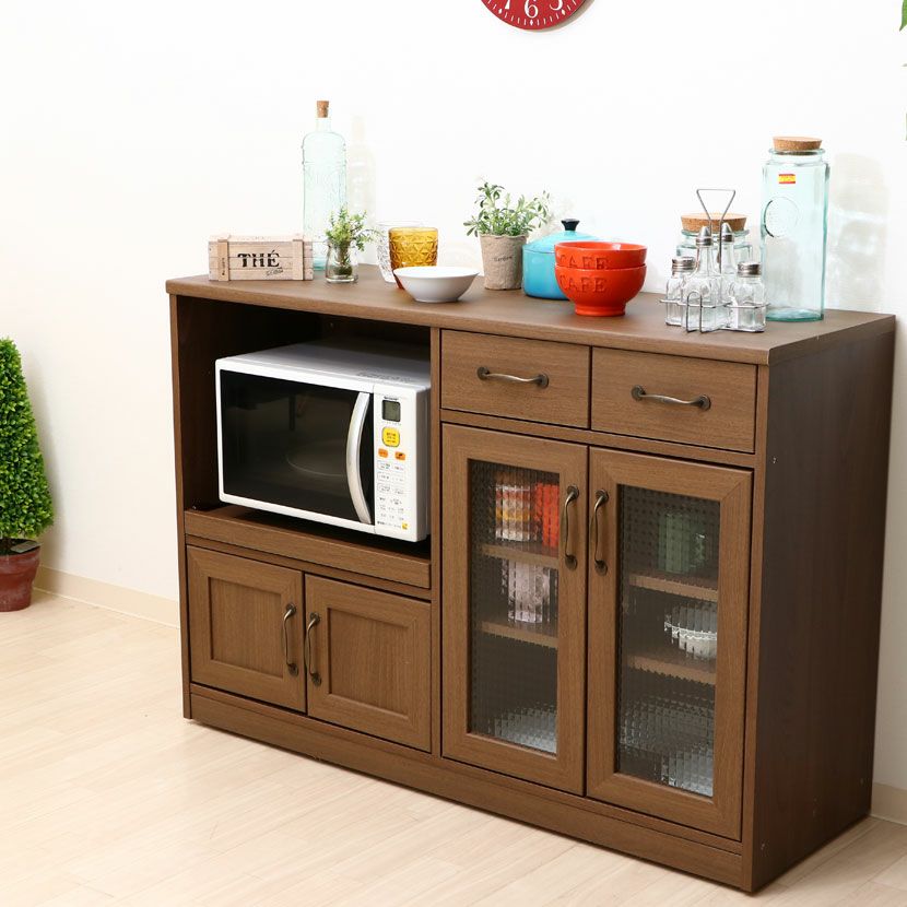 幅118cm 食器棚 引出し付き ガラス扉 2口コンセント 可動棚 家電収納