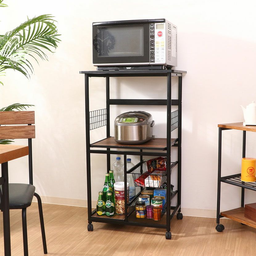 幅55cm レンジワゴン アート 木目調 コンセント付き キャスター付き