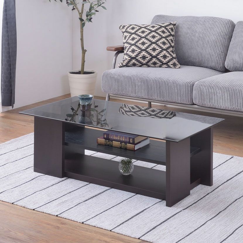 幅100cm ガラステーブル 木目調 棚付き 収納付き 長方形 センター