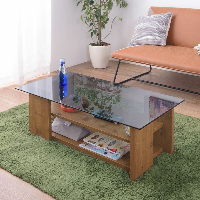 幅100cm ガラステーブル 木目調 棚付き 収納付き 長方形 センター
