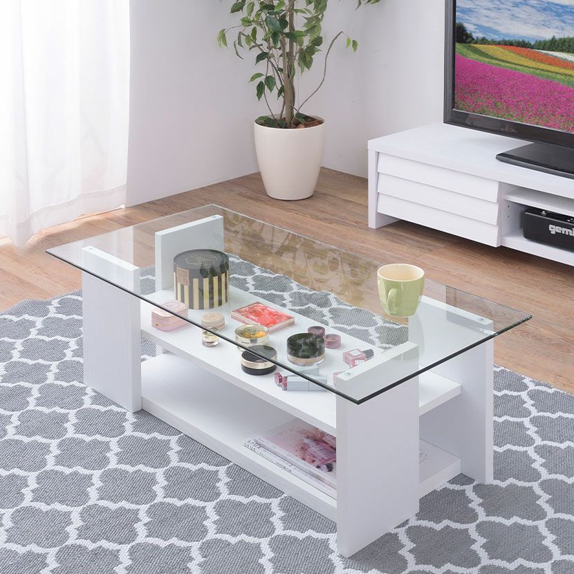 幅100cm ガラステーブル 木目調 棚付き 収納付き 長方形 センター