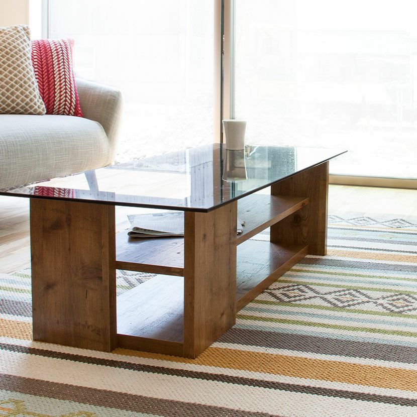 幅100cm ガラステーブル 木目調 棚付き 収納付き 長方形 センター