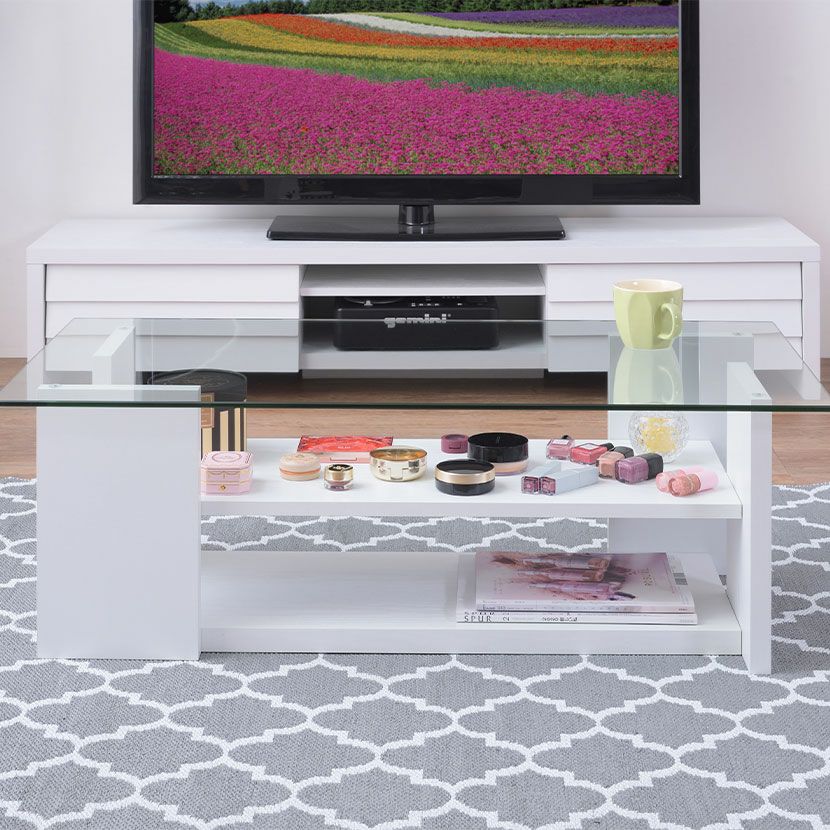 幅100cm ガラステーブル 木目調 棚付き 収納付き 長方形 センター