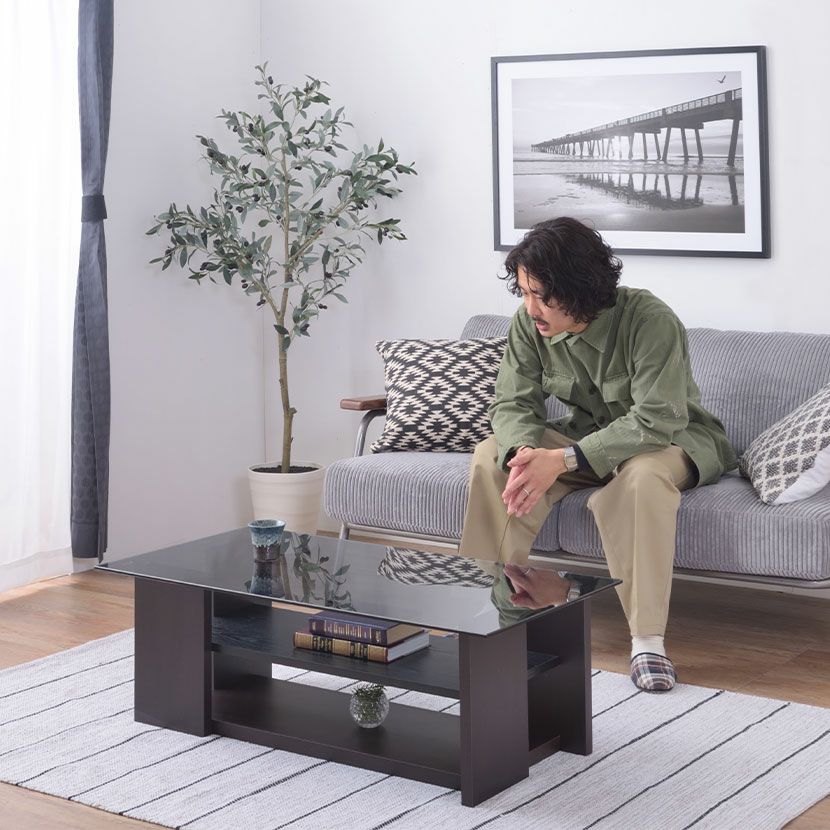 幅100cm ガラステーブル 木目調 棚付き 収納付き 長方形 センター