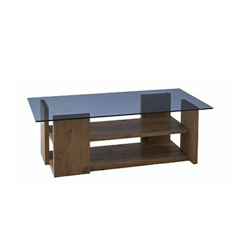 幅100cm ガラステーブル 木目調 棚付き 収納付き 長方形 センター