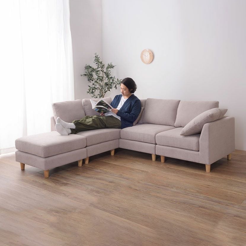 3人掛け カウチソファ アムール 布張り オットマン付き スツール付き