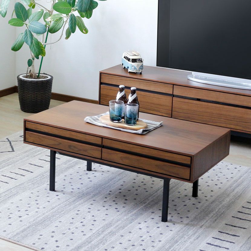 幅100cm 木製 センターテーブル 引出し付き 天然木 コーヒーテーブル