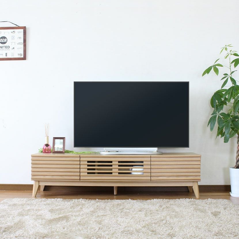 設置無料】幅150cm 木製 ローボード 格子デザイン 引出し付き フラップ