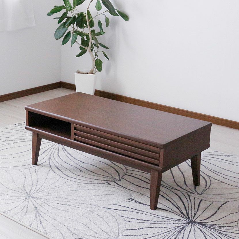 幅100cm 木製 ローテーブル 収納付き 格子デザイン 引き出し付き