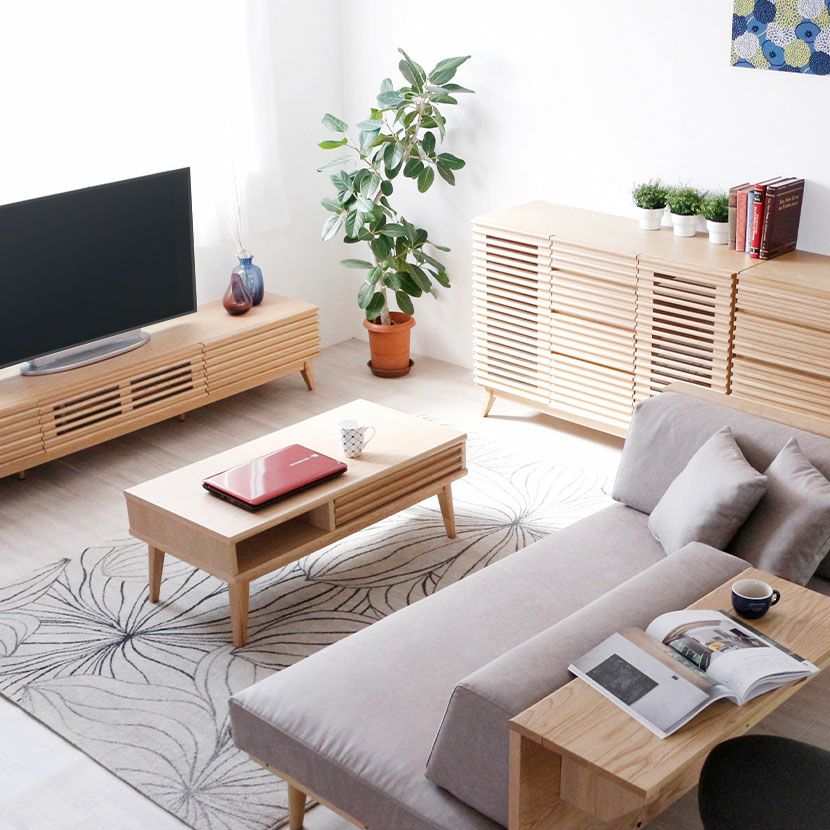 幅100cm 木製 ローテーブル 収納付き 格子デザイン 引き出し付き