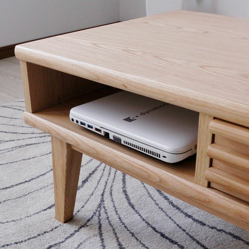 幅100cm 木製 ローテーブル 収納付き 格子デザイン 引き出し付き