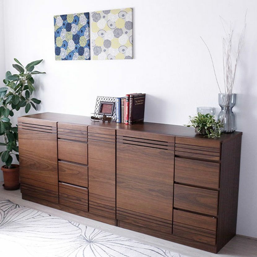 設置無料】幅90cm 木製 サイドボード ウォールナット 引出し付き 可動