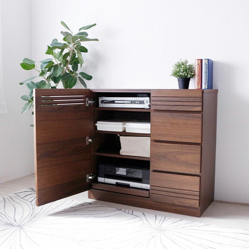 設置無料】幅90cm 木製 サイドボード ウォールナット 引出し付き 可動