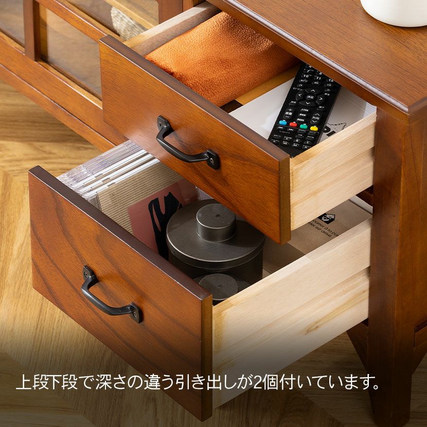 幅150cm 木製 ローボード アンティーク風 ～55型対応 ガラス扉 天然木