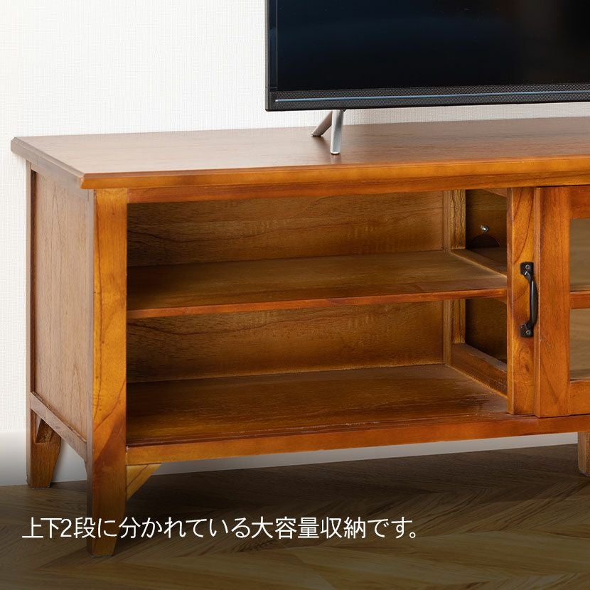幅150cm 木製 ローボード アンティーク風 ～55型対応 ガラス扉 天然木