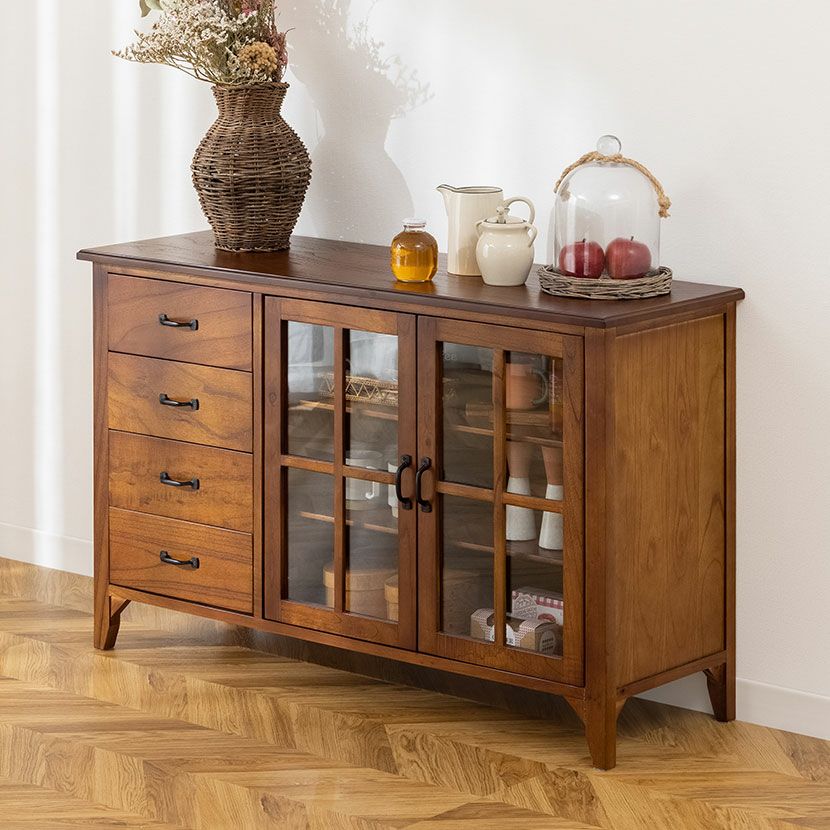 幅120cm 木製 キャビネット 4段 アンティーク風 収納 ガラス扉