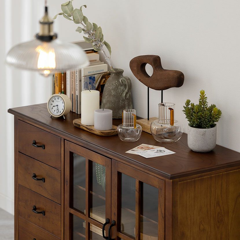 幅120cm 木製 キャビネット 4段 アンティーク風 収納 ガラス扉