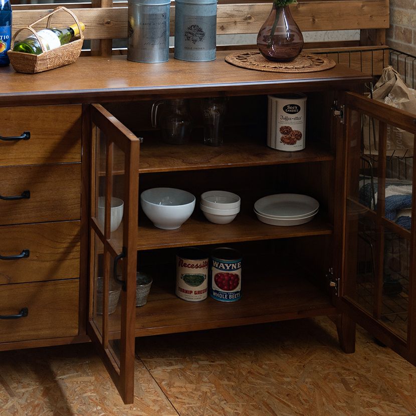 幅120cm 木製 キャビネット 4段 アンティーク風 収納 ガラス扉