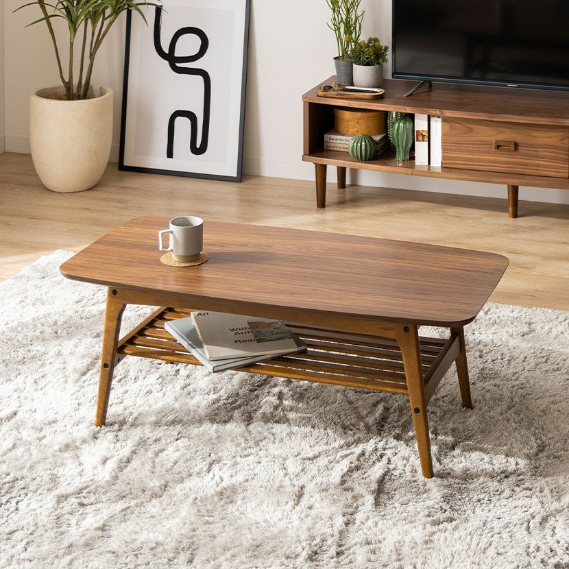 幅105cm リビングテーブル 木製 ウォールナット 無垢材 長方形 収納 棚