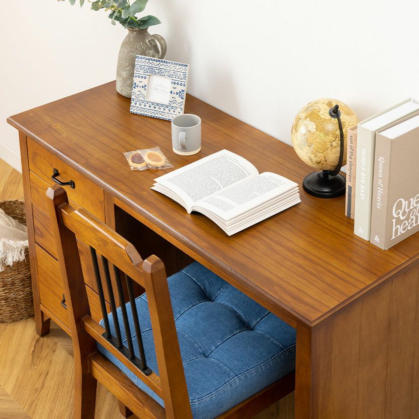 幅112cm 木製 デスク アンティーク風 天然木 ミンディ 引出し付き 収納