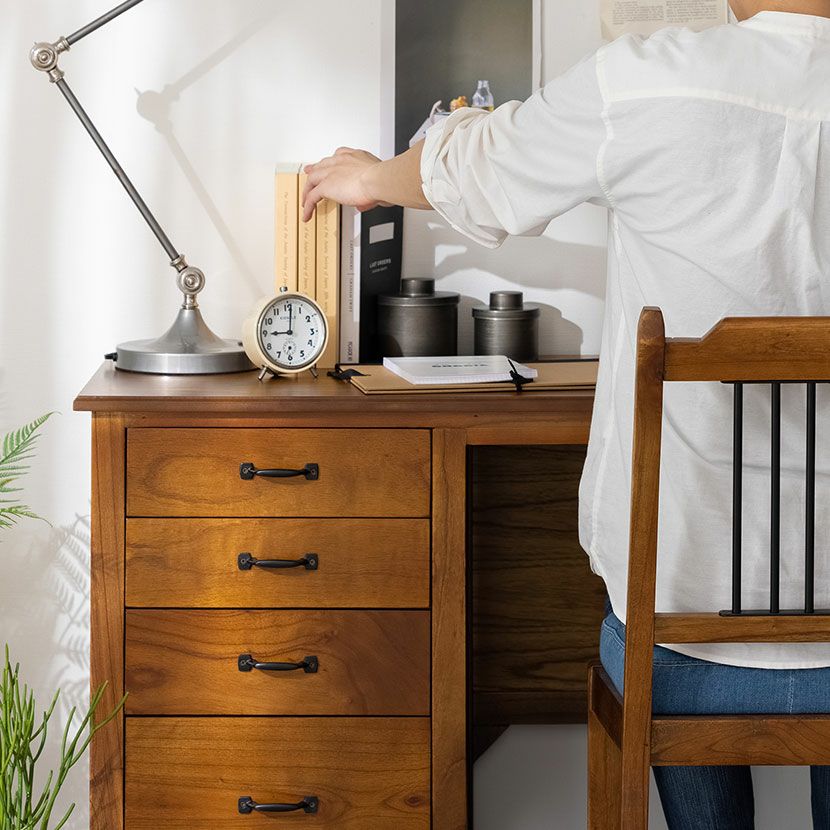 幅112cm 木製 デスク アンティーク風 天然木 ミンディ 引出し付き 収納