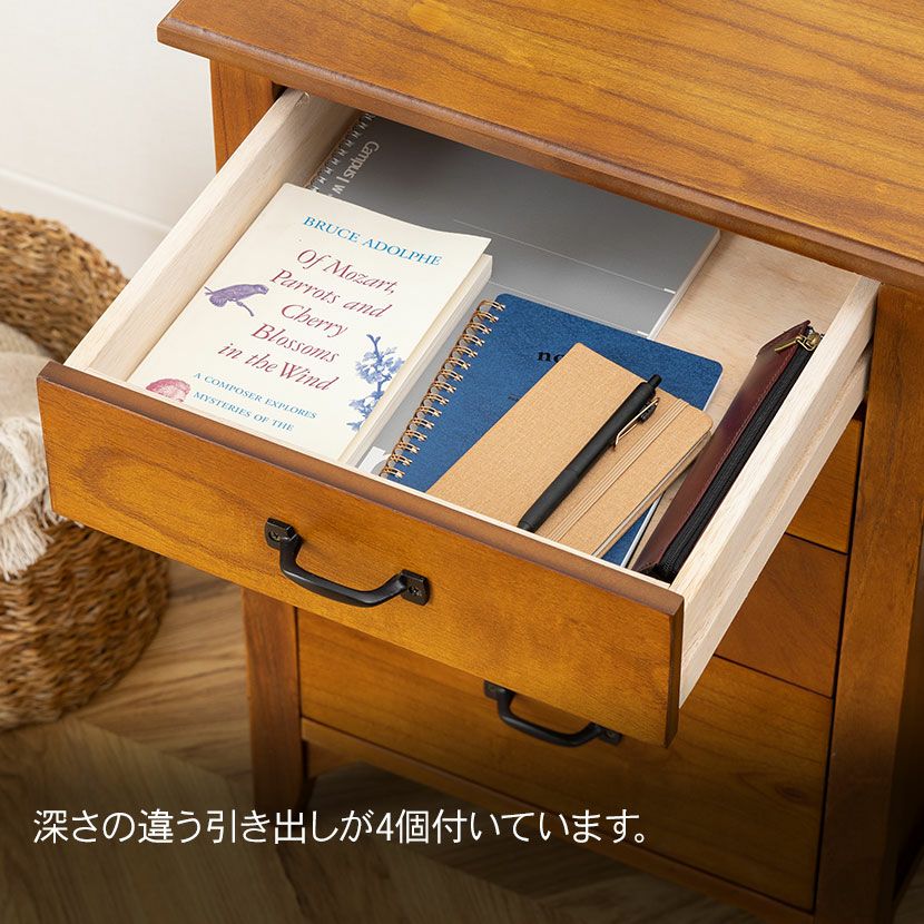 幅112cm 木製 デスク アンティーク風 天然木 ミンディ 引出し付き 収納