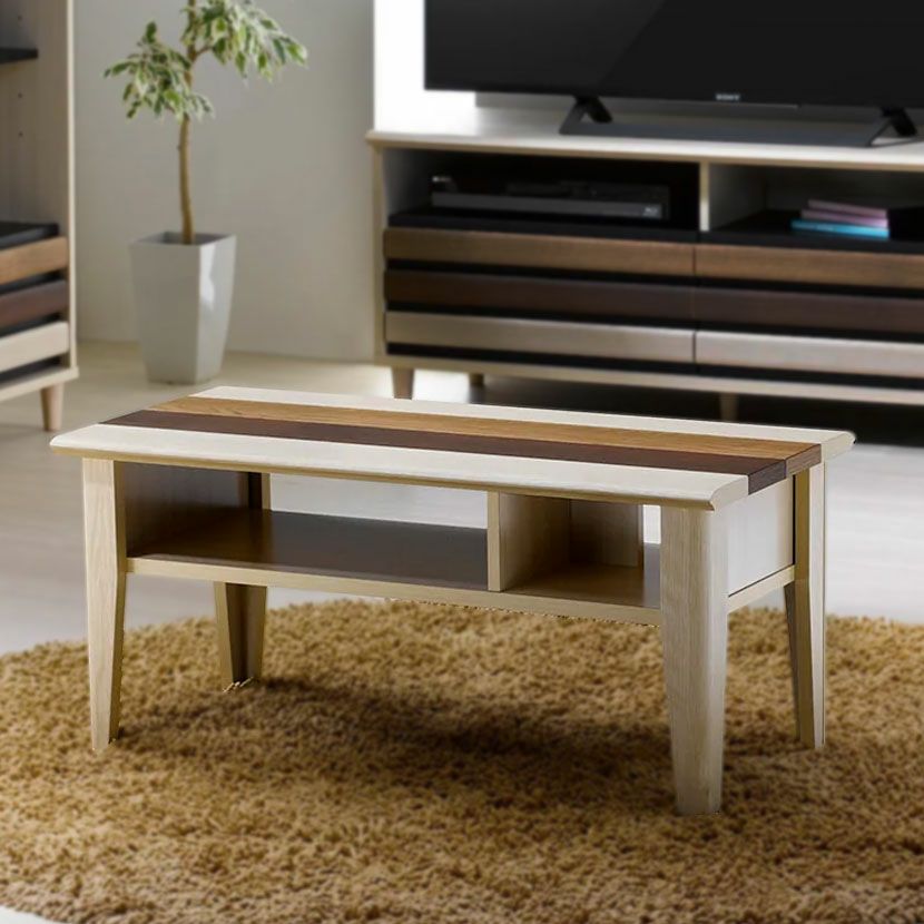 幅100cm 木製 ローテーブル 収納付き 格子デザイン 引き出し付き