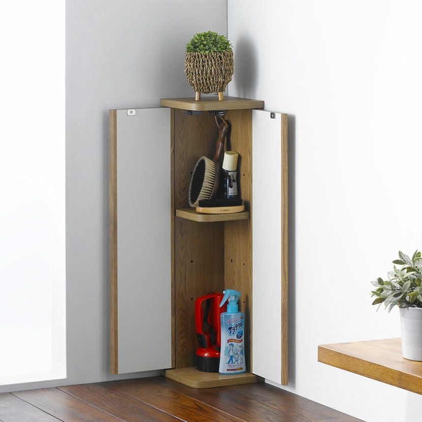 幅19cm コーナーキャビネット エルフォルム 木目調 扉付き 可動棚