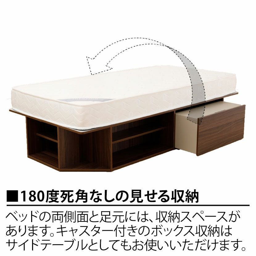 シングル ポロ2 ヘッドレス ベッドフレーム 収納ボックス付き 棚板付き