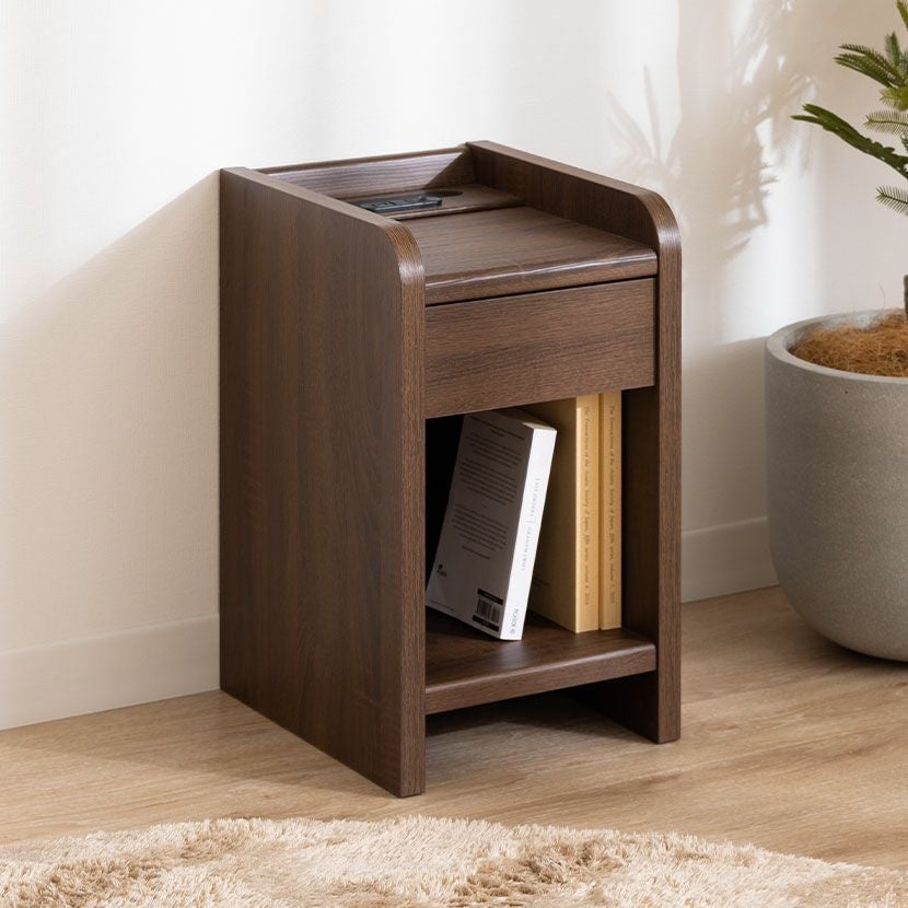 幅30cm ナイトテーブル コンセント付き 木目柄 オープンタイプ LED照明