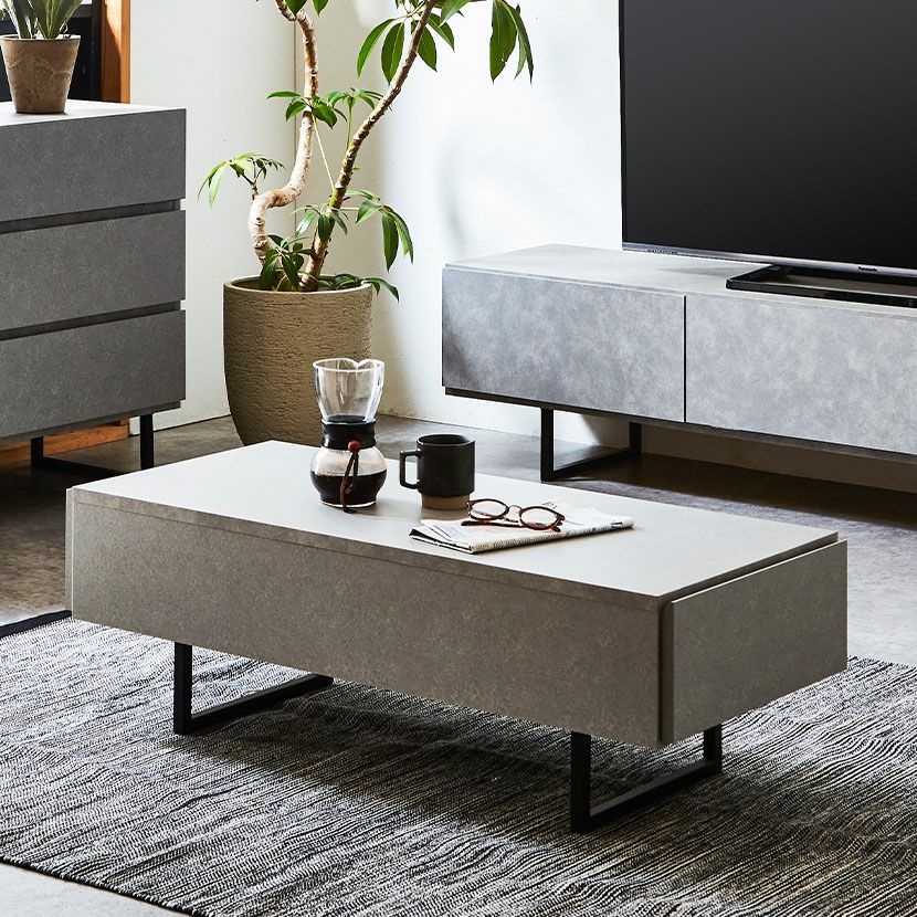 設置無料】幅105cm リビングテーブル 日本製 セラミック調 引出し付き