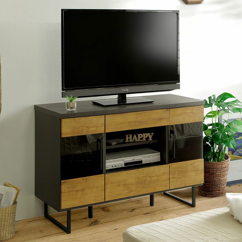設置無料】幅110cm ハイタイプ テレビボード 日本製 木目調 黒アイアン
