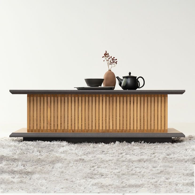 幅100cm 木製 和モダン ローテーブル 格子デザイン オーク 引き出し