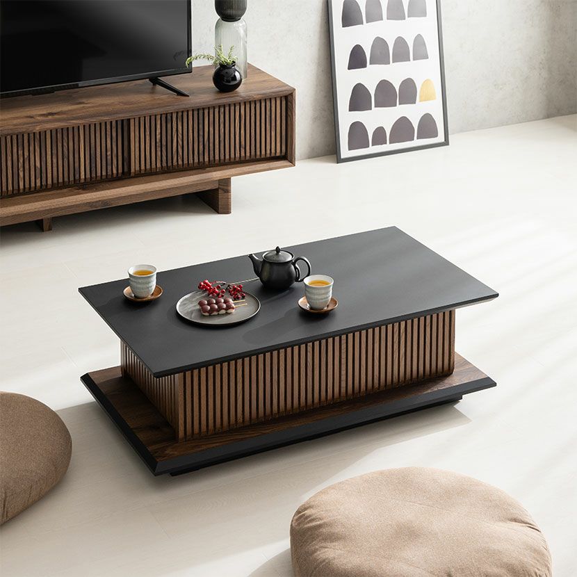 幅100cm 木製 和モダン ローテーブル 格子デザイン オーク 引き出し