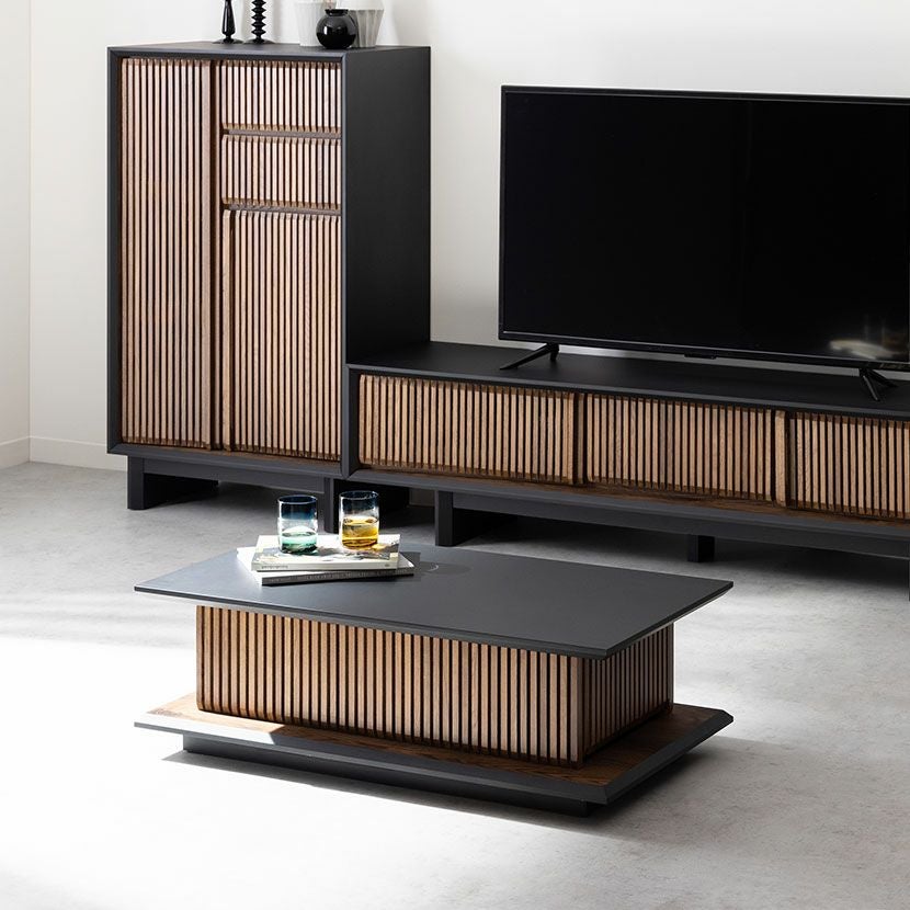 幅100cm 木製 和モダン ローテーブル 格子デザイン オーク 引き出し