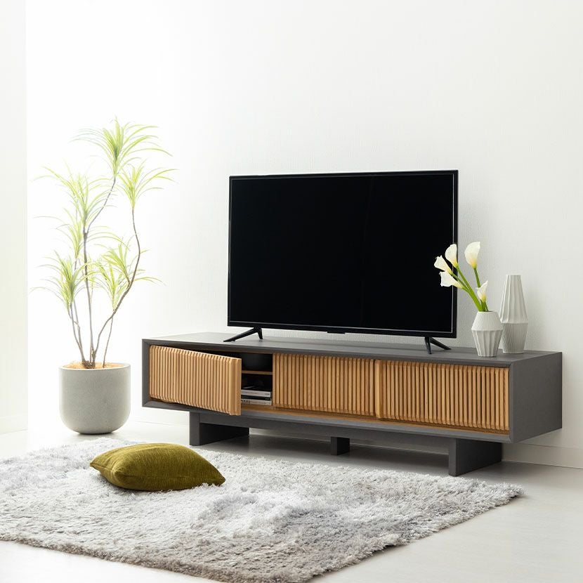 設置無料】幅180cm 木製 和モダン テレビ台 格子 オーク 引き出し付き