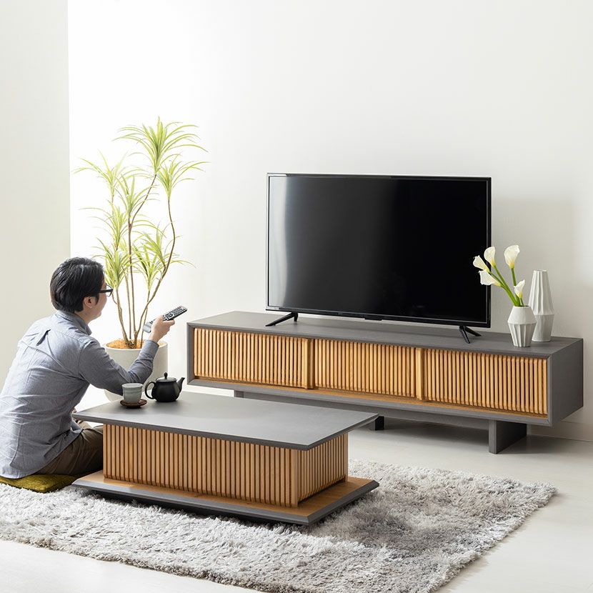 設置無料】幅180cm 木製 和モダン テレビ台 格子 オーク 引き出し付き