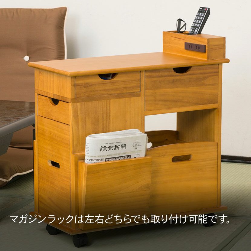 すっ桐 ナイトワゴン/サイドテーブル 木製 二口コンセント/キャスター付き 幅33cm ソファーサイドすっ桐ワゴン サイドテーブル キャスター付き