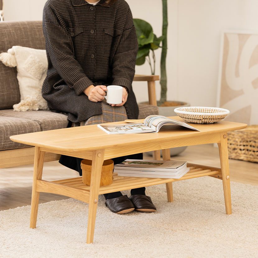 幅105cm リビングテーブル 木製 天然木 棚付き ローテーブル コーヒー