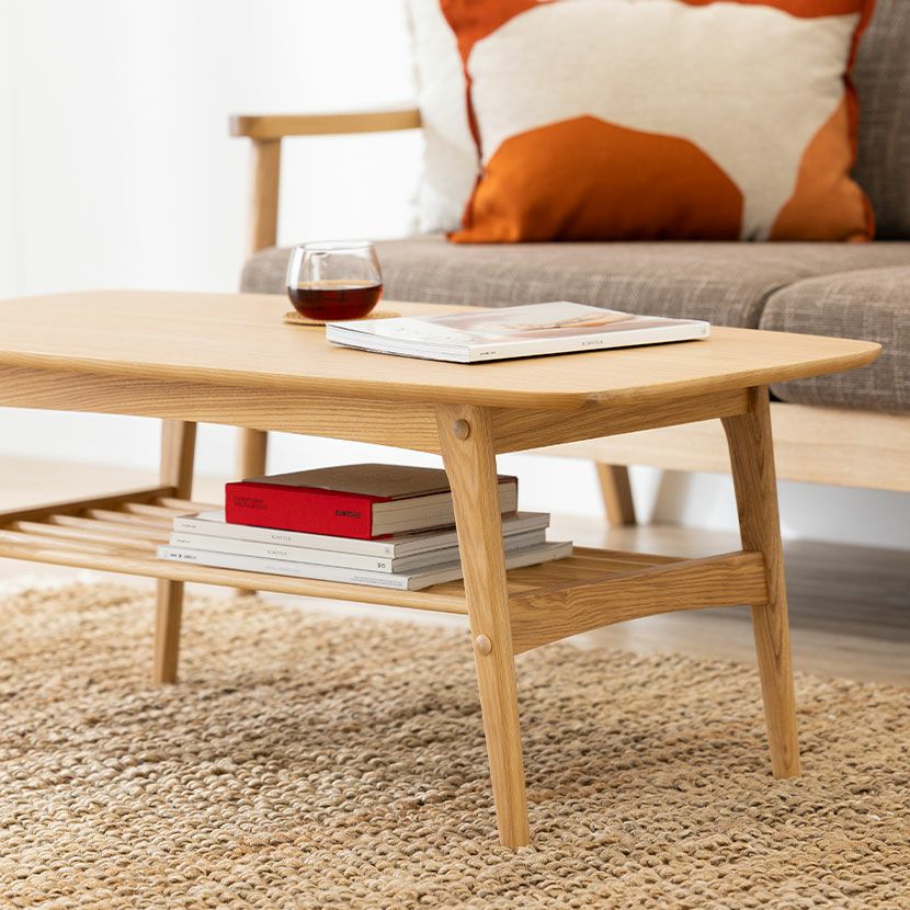 幅105cm リビングテーブル 木製 天然木 棚付き ローテーブル コーヒー