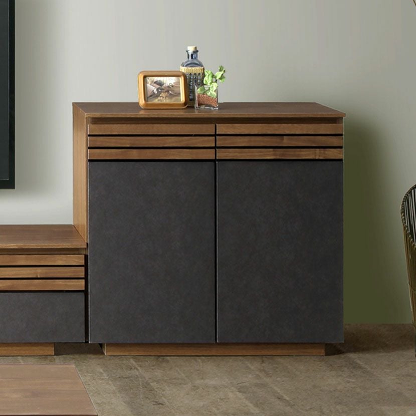 設置無料】幅80cm サイドボード 木目調 セラミック調 ウォールナット柄
