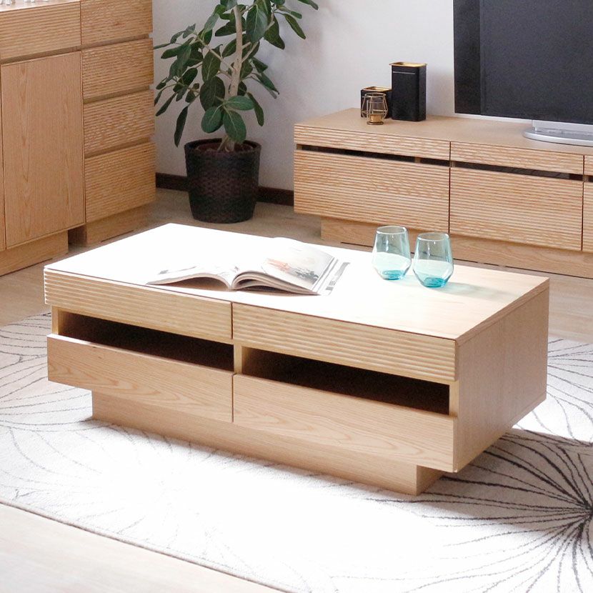 設置無料】幅105cm ローテーブル 木製 天然木 無垢材 引出し付き 収納