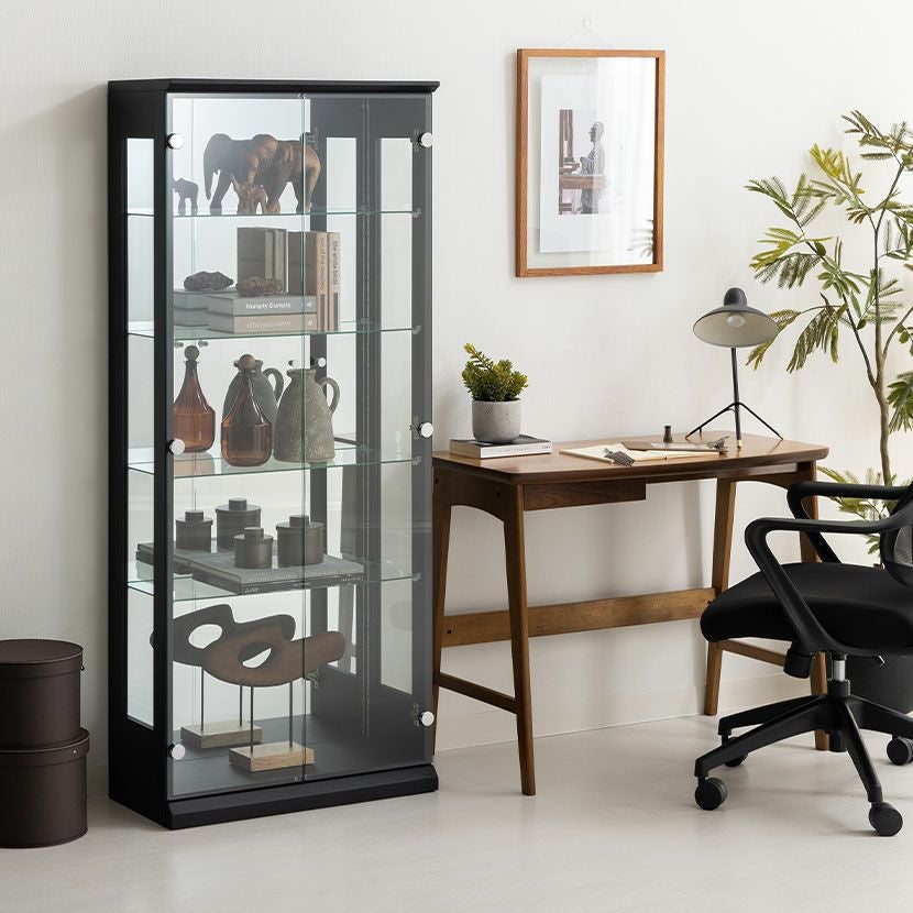 高級家具　passionブランド　縦型　カップポード　飾り棚照明付　背面鏡棚5 設置無料】幅65cm ハイタイプ コレクションケース VAGIO ガラス LED